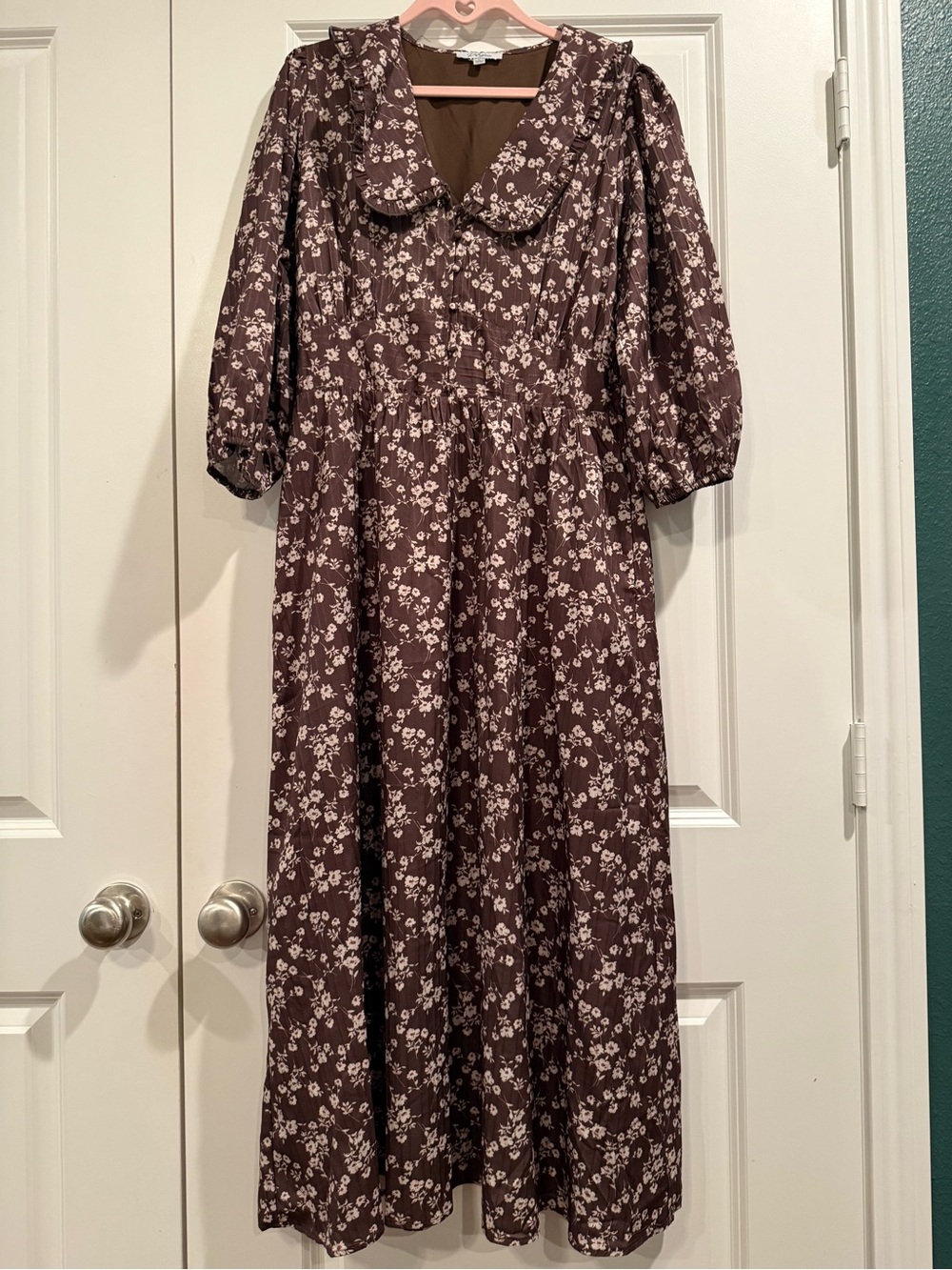 Pologram Brown Floral Maxi Dress with Peter Pan Collar